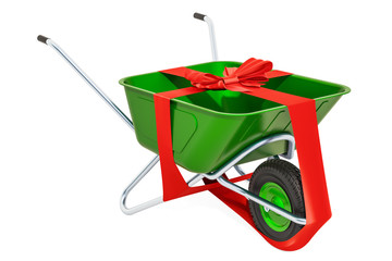 Gift concept. Wheelbarrow with bow and ribbon, 3D rendering
