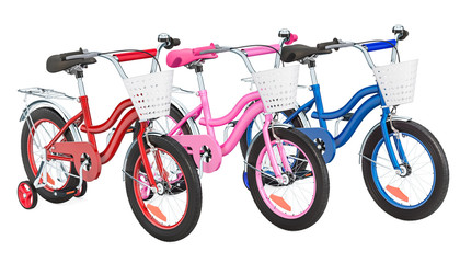 Set of colored kids bicycles with training wheels and baskets. 3D rendering