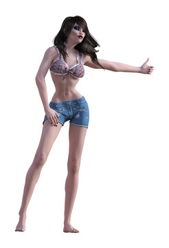 3d illustration of a barefoot very thin woman wearing shorts and a halter top hitchhiking isolated on a white background.