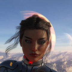 3d illustration of a woman in a space suit with an alien planet and moon in the background. © Bert Folsom