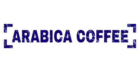 ARABICA COFFEE text seal stamp with grunge effect. Text tag is placed inside corners. Blue vector rubber print of ARABICA COFFEE with corroded texture.