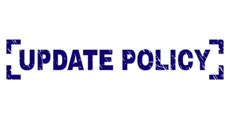 UPDATE POLICY text seal imprint with grunge texture. Text caption is placed between corners. Blue vector rubber print of UPDATE POLICY with grunge texture.