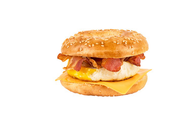 Close up on a sandwich breakfast isolated on white background. Bagel, egg, cheese and bacon. - 241327567