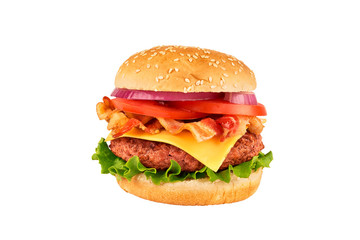 Cheeseburger with beef patty and bacon, isolated on white background. Real close up.