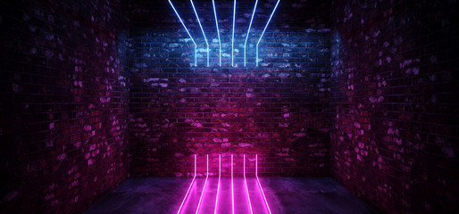 Dark Sci Fi Modern Futuristic Empty Grunge Brick Wall Room Purple Blue Pink glowing Lights Concrete Floor Neon Vertical Line Light Shapes Empty Space 3D Rendering