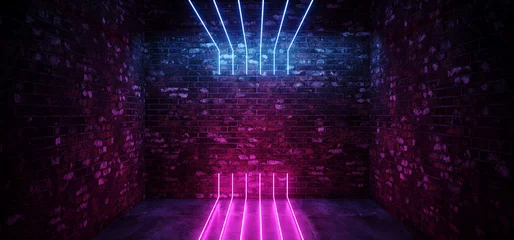 Fotobehang Dark Sci Fi Modern Futuristic Empty Grunge Brick Wall Room  Purple Blue Pink glowing Lights Concrete Floor Neon Vertical Line Light Shapes Empty Space 3D Rendering © IM_VISUALS