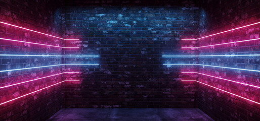 Dark Sci Fi Modern Futuristic Empty Grunge Brick Wall Room  Purple Blue Pink glowing Lights Concrete Floor Neon Horizontal Line Light Shapes Empty Space 3D Rendering
