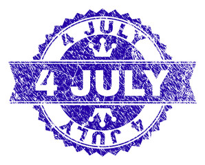 4 JULY rosette seal imprint with distress texture. Designed with round rosette, ribbon and small crowns. Blue vector rubber watermark of 4 JULY text with dust texture.