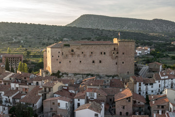 Fototapeta na wymiar Mora de Rubielos Castle lighting in Teruel Spain Gudar Sierra sunset view panorama