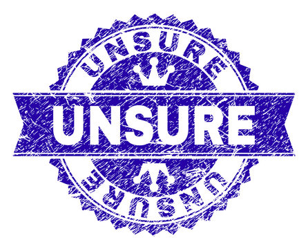 recommend clip art: UNSURE rosette stamp imitation with grunge style. Designed with round rosette, ribbon and small crowns. Blue vector rubber watermark of UNSURE text with grunge style.
