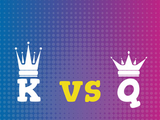 Versus VS letters for battle fight king and queen. Vector illustration of color gradient pop art point background and  flat  monarch white icon with  crown silhouette.