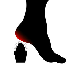 Symbol of Human foot with painful sore red heel. Cactus spines pierce the female foot. Foot health concept. Vector object isolated on white background. - 241329199