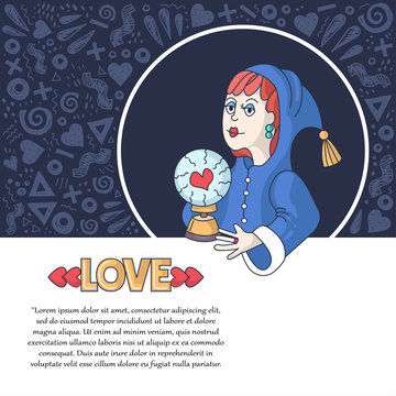 Vector decorative cover with fortune teller and magic ball. Illustration on the theme of love and Valentine's Day