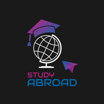 Globe with graduate cap. Gradient  vector illustration. Education icon. Font STUDY ABROAD logo with graduation hat and paper air plane