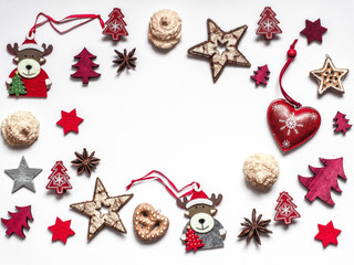 Christmas decoration and cookies on white background. Flat lay.