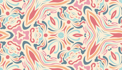 Fototapeta na wymiar Abstract ethnic pattern in pastel shades. Fragment of design for card, invitation, cover, wallpaper, tile, packaging, background. Tribal ethnic ornament in arabic style.