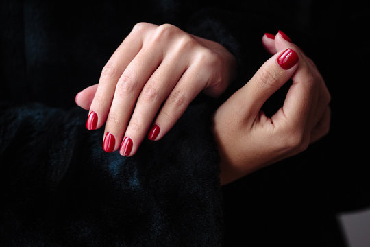 Gorgeous Manicure, Clssic Red Color Nail Polish, Closeup Photo. Female Hands Over Dark Fur Background