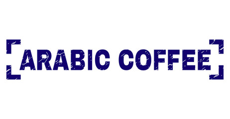 ARABIC COFFEE tag seal print with corroded style. Text caption is placed between corners. Blue vector rubber print of ARABIC COFFEE with corroded texture.