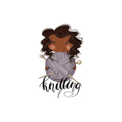 African American Girl Knits Isolated On A White Background Hand Drawn Knitting Illustration