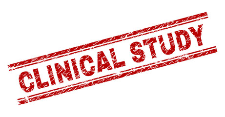 CLINICAL STUDY seal print with distress texture. Red vector rubber print of CLINICAL STUDY caption with retro texture. Text caption is placed between double parallel lines.