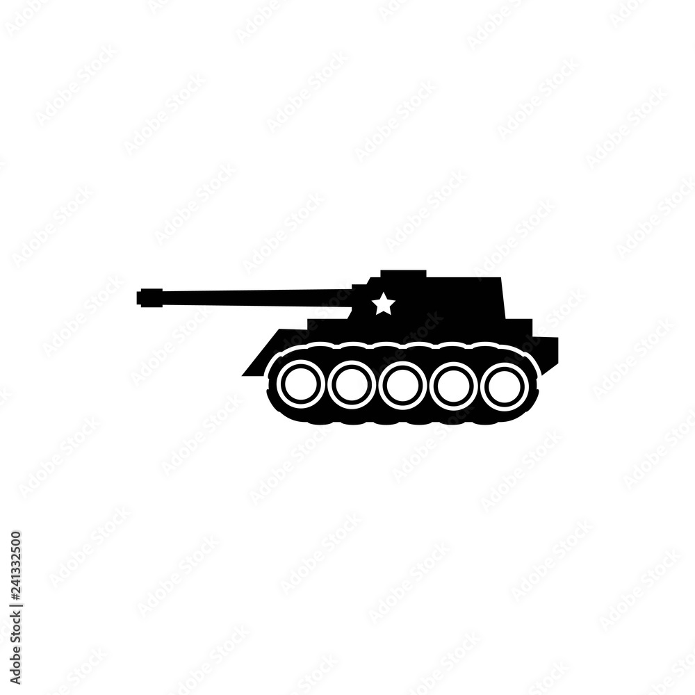 Wall mural Military black tank black icon. concept of destroy, crawler course, heavy armament, military unit, cannon, shellproof. flat style modern graphic design simple element illustration on white background 