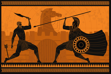 orange and black figures pottery amphora painting of troy war with achilles fighting hector - obrazy, fototapety, plakaty