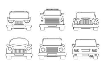 Set of different types of urban car. Front and back view vector illustration. Compact car, service tow pick up, SUV, modern and vintage vehicle. Linear style.