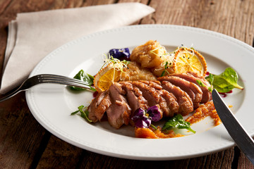 Rosé duck breast with hungarian potato dumplings, baked apple-beetroot cream and orange-pumpkin marmalade