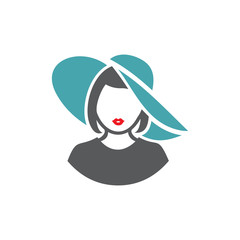 Vector illustration the woman in a sun-protection hat. Set of vector symbols. The stylish beautiful woman with red lips. Flat design 