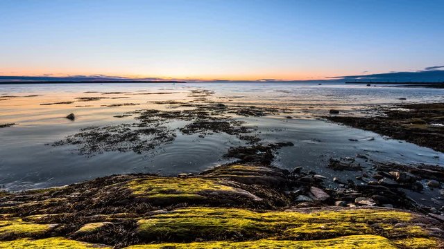 Cinemagraph of dusk, twilight in Rimouski Quebec, Canada near Saint Lawrence river shore in Gaspesie peninsula with rocky seaweed beach, washing, moving waves