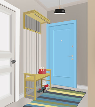 Illustration of an interior of a dressing room with clothes and an entrance door.