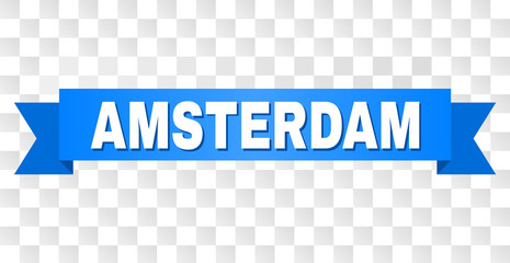 AMSTERDAM text on a ribbon. Designed with white caption and blue stripe. Vector banner with AMSTERDAM tag on a transparent background.