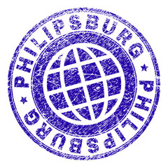 PHILIPSBURG stamp imprint with grunge texture. Blue vector rubber seal imprint of PHILIPSBURG tag with retro texture. Seal has words placed by circle and globe symbol.