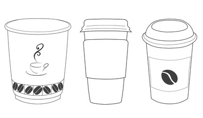 Linear silhouettes of cups of coffee in thin lines.