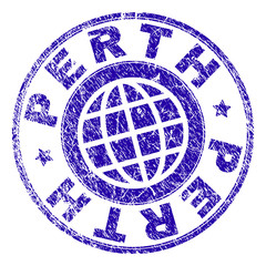 PERTH stamp print with grunge texture. Blue vector rubber seal print of PERTH tag with retro texture. Seal has words arranged by circle and globe symbol.