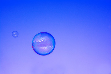 bright colored soap bubble flies against the blue sky and reflects the nature