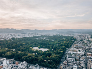 Aerial drone shot of the Skyline of Kyoto, Japan