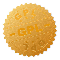 GPL gold stamp medallion. Vector gold medal with GPL text. Text labels are placed between parallel lines and on circle. Golden surface has metallic texture.
