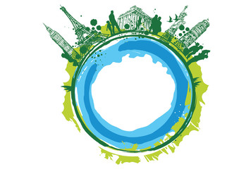 Famous tourist centers around the world and people visiting them. Hand drawn illustration.