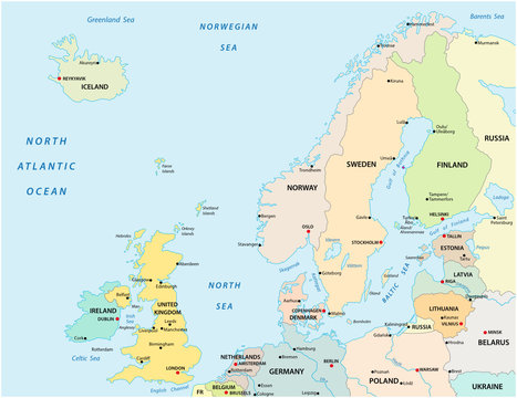 Political and administrative vector map of northern europe with state borders