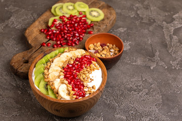 Vanilla acai bowl with kiwi, banana, pomegranate and granola