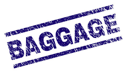 BAGGAGE seal stamp with distress style. Blue vector rubber print of BAGGAGE text with dirty texture. Text tag is placed between parallel lines.