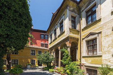 Houses from the period of Bulgarian revival in old town of city of Plovdiv, Bulgaria