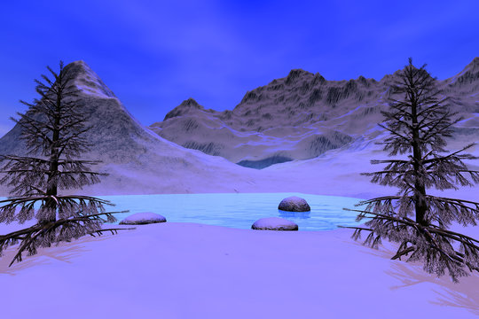 Snowy mountain, a winter landscape, beautiful trees, stones, reflection on the lake and a blue sky.