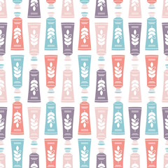 Hand cream tube seamless pattern. Organic cosmetics background. Soft color. Vector illustration