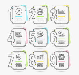 Infographic template with numbers 9 options. Set of Money diagram, Skin moisture and Uv protection icons. Online video, Direction and Customer satisfaction signs. Quick tips, Group and Bus symbols