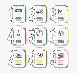 Infographic template with numbers 9 options. Set of Time, Gift and Payment icons. Laureate award, Light bulb and File management signs. Idea, Money exchange and Finance calculator symbols. Vector