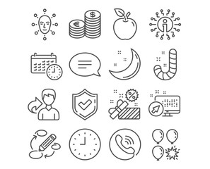 Obraz premium Set of Candy, Face biometrics and Sale icons. Chat, Clock and Calendar signs. Balloon dart, Keywords and Currency symbols. Lollypop, Facial recognition, Gift box. Speech bubble, Time or watch, Time