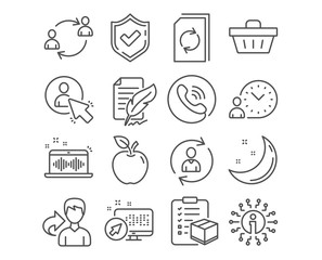 Set of Feather signature, Shopping basket and Person info icons. User, User communication and Time management signs. Update document, Music making and Parcel checklist symbols. Vector