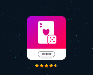 Casino sign icon. Playing card with dice symbol. Web or internet icon design. Rating stars. Just click button. Vector